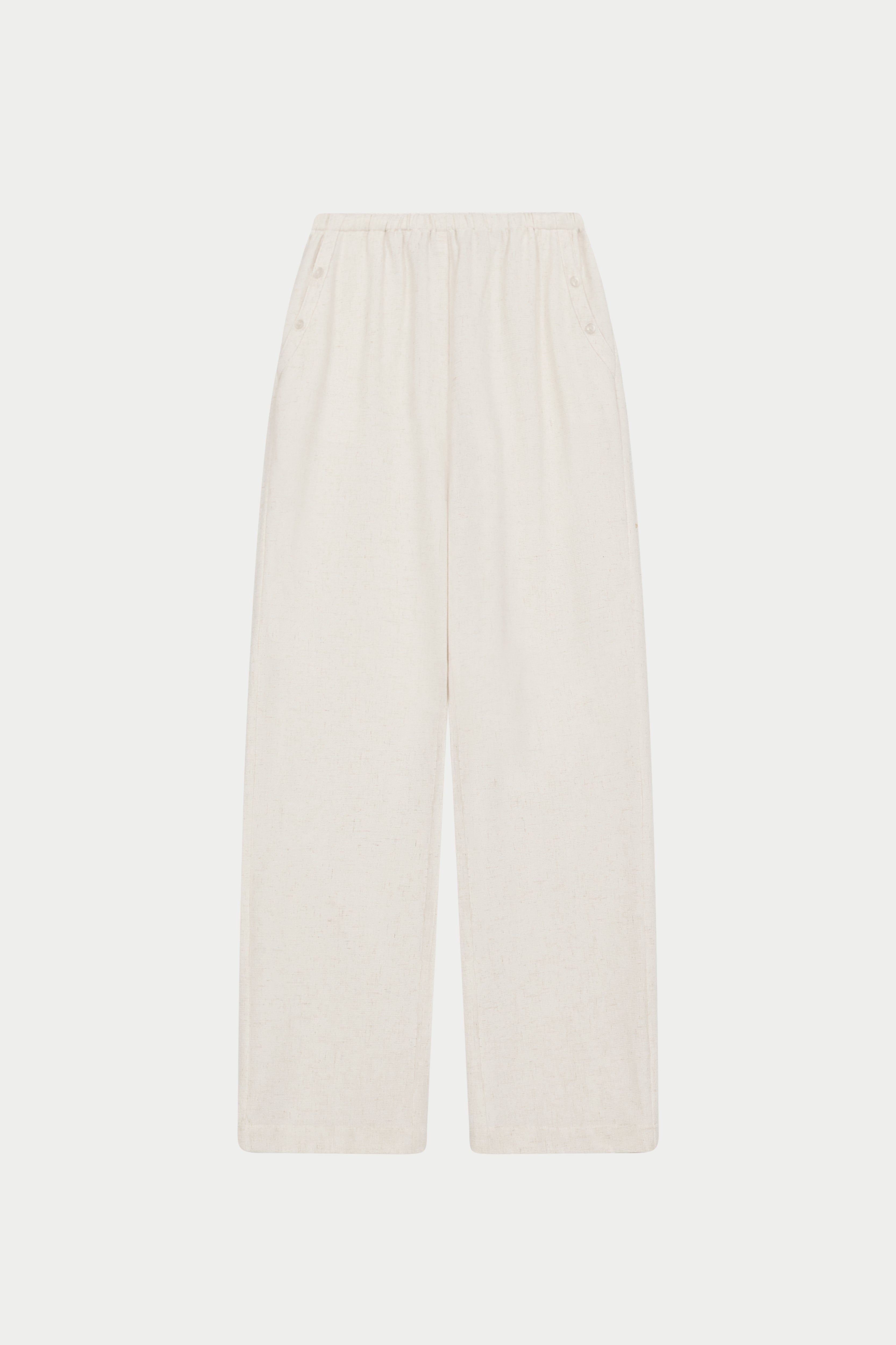 TEXTURED LINEN BUTTON DETAIL TROUSER - BEIGE