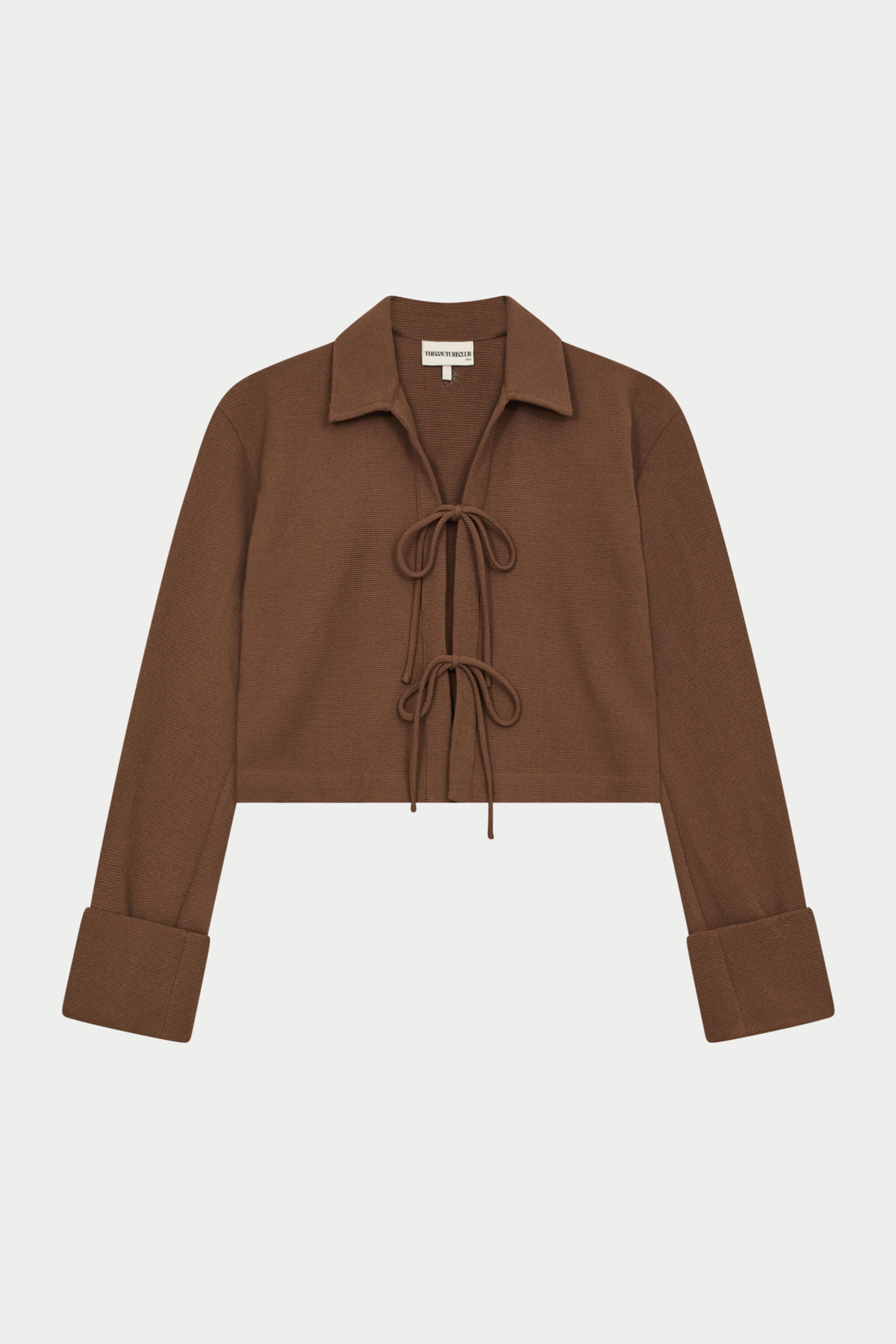 TEXTURED LINEN TIE FRONT SHIRT - BROWN