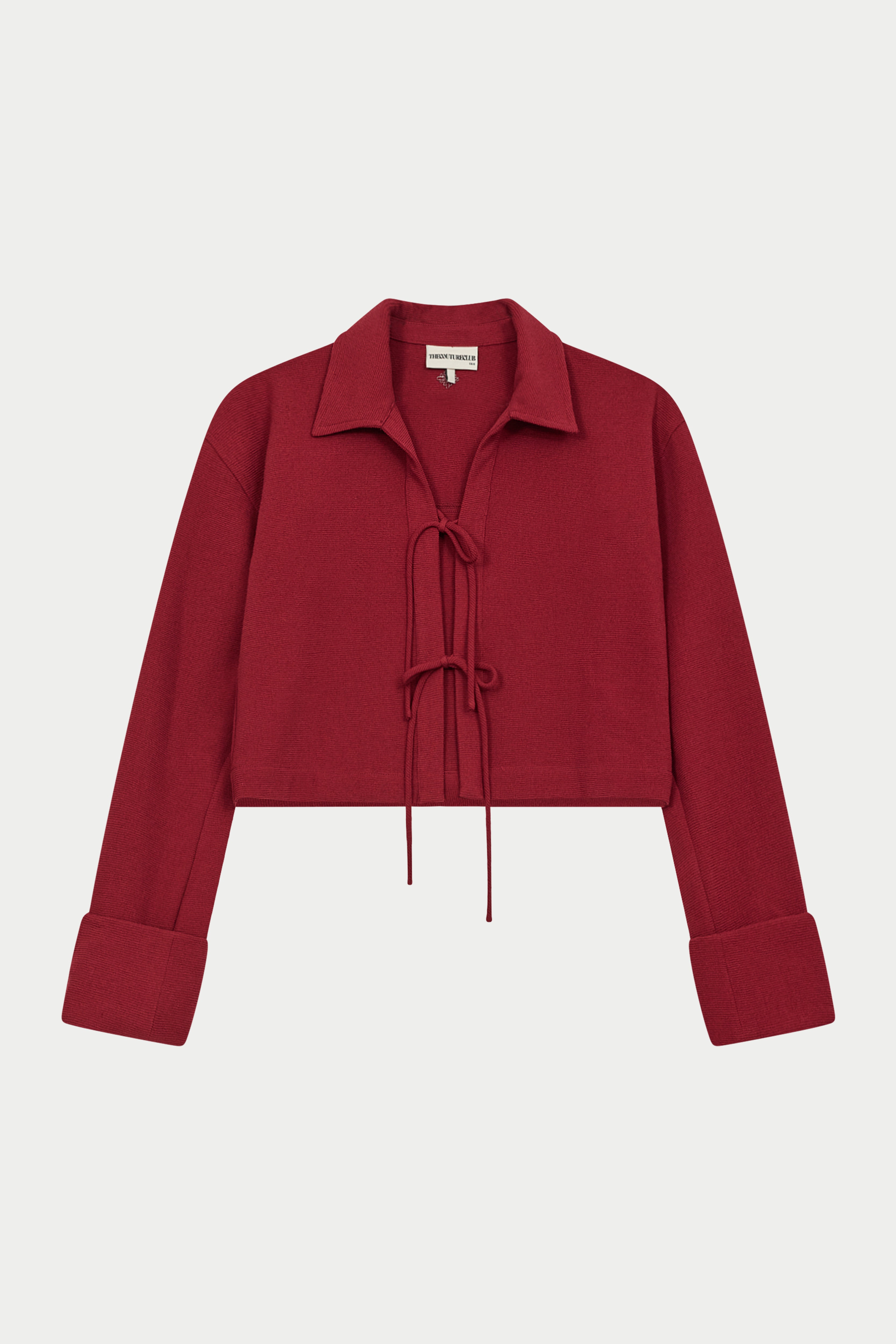 TEXTURED LINEN TIE FRONT SHIRT - BURGUNDY