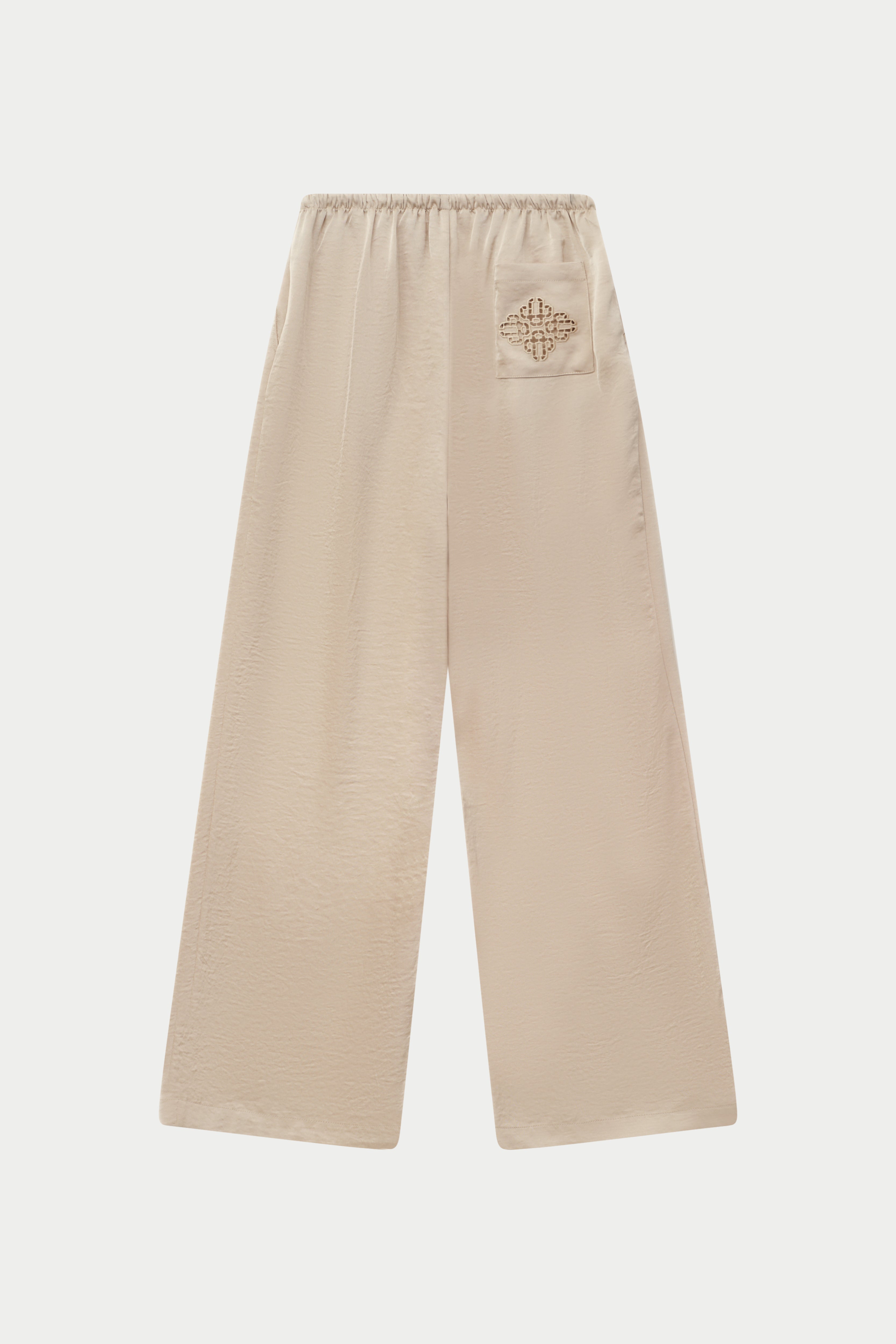 SATIN WIDE LEG EMBLEM TROUSERS - BEIGE – The Couture Club
