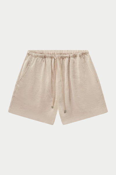 SATIN EMBLEM SHORTS - BEIGE – The Couture Club