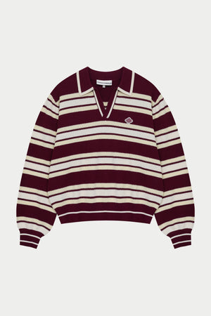 STRIPE KNITTED POLO SWEATSHIRT - BURGUNDY