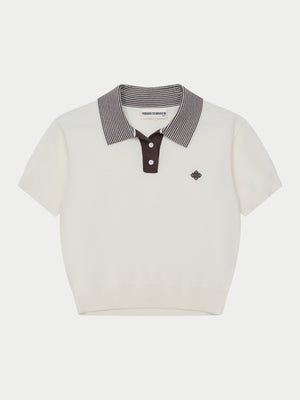 KNITTED COLLAR POLO TOP - CREAM