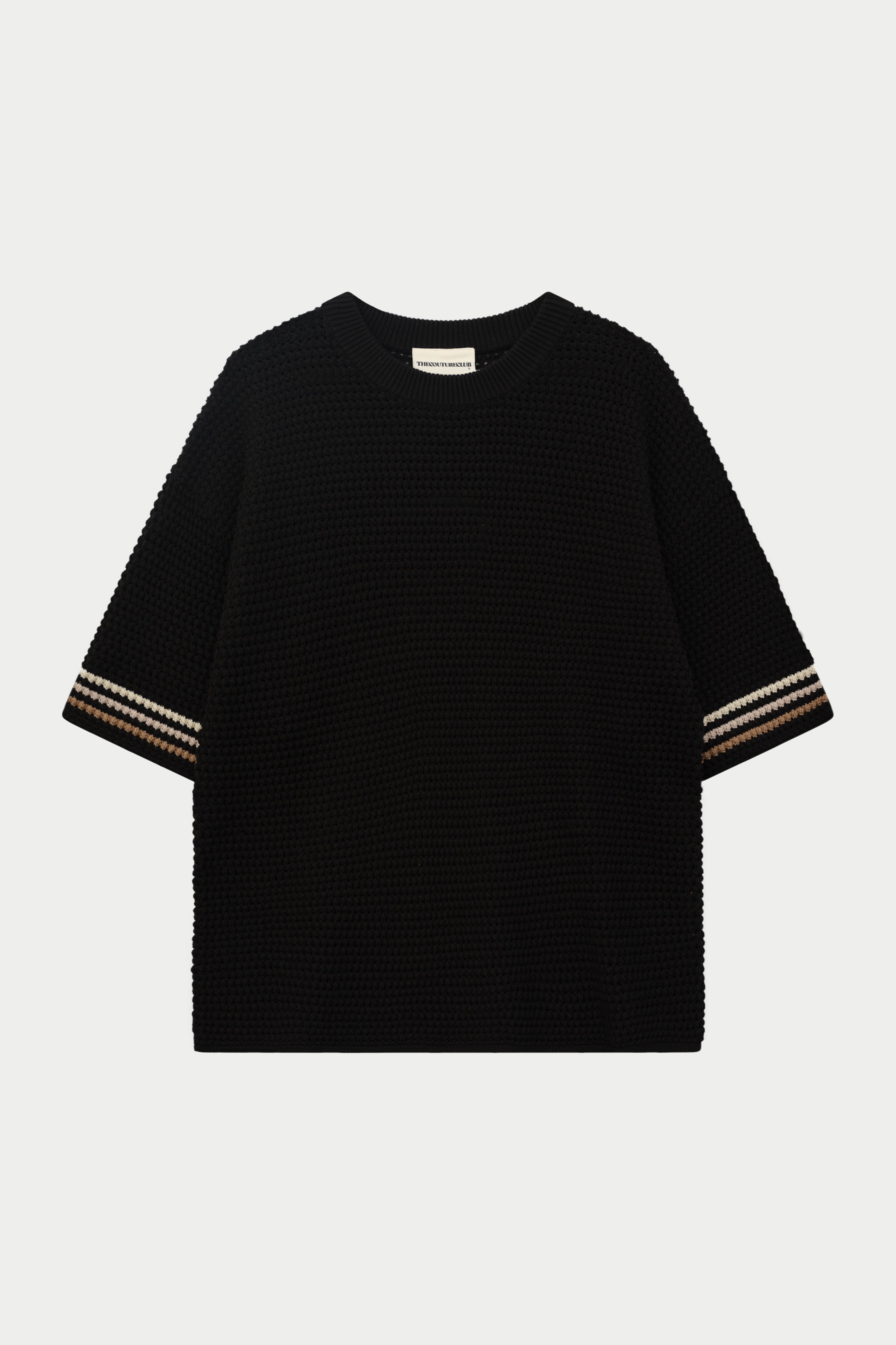 STRIPE CROCHET KNIT T-SHIRT - BLACK
