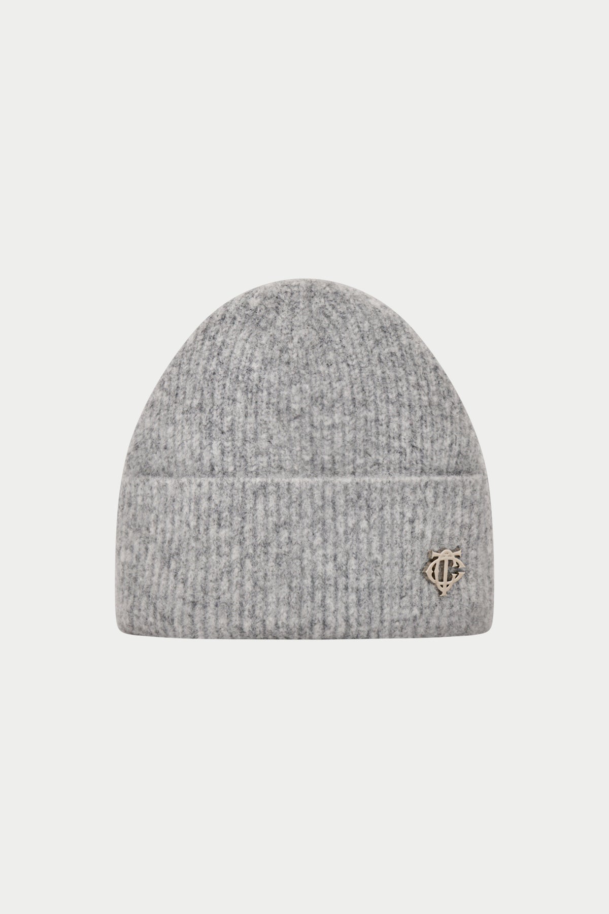 FLUFFY KNIT MONOGRAM PIN BADGE BEANIE - GREY