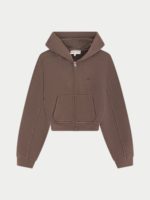 WASHED ZIP THROUGH CROPPED HOODIE - CHOCOLATE