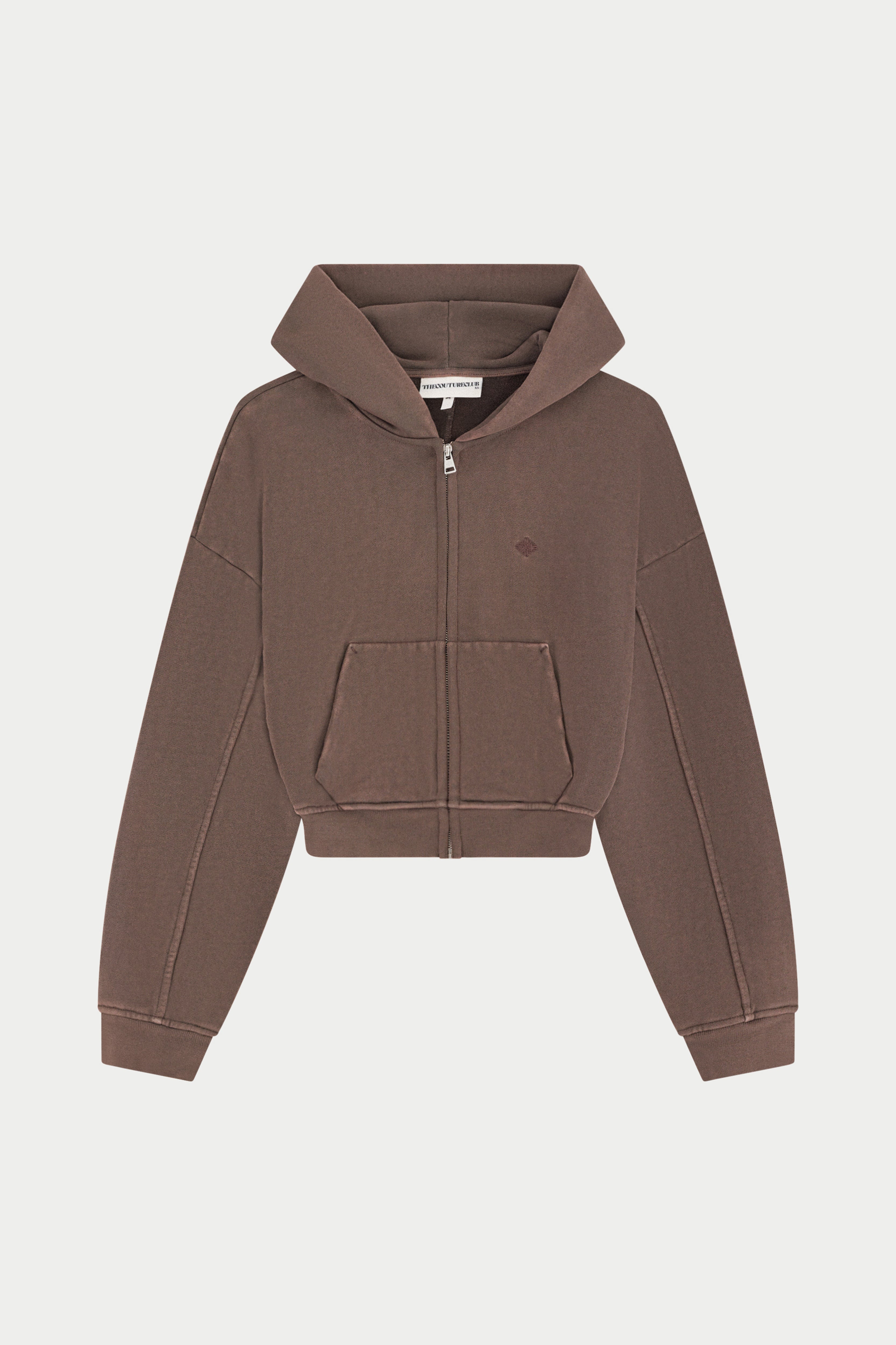 WASHED ZIP THROUGH CROPPED HOODIE - CHOCOLATE