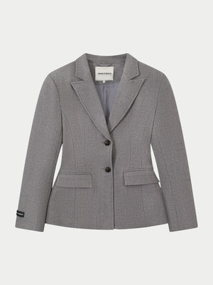 HERRINGBONE CINCHED WAIST TAILORED BLAZER - GREY
