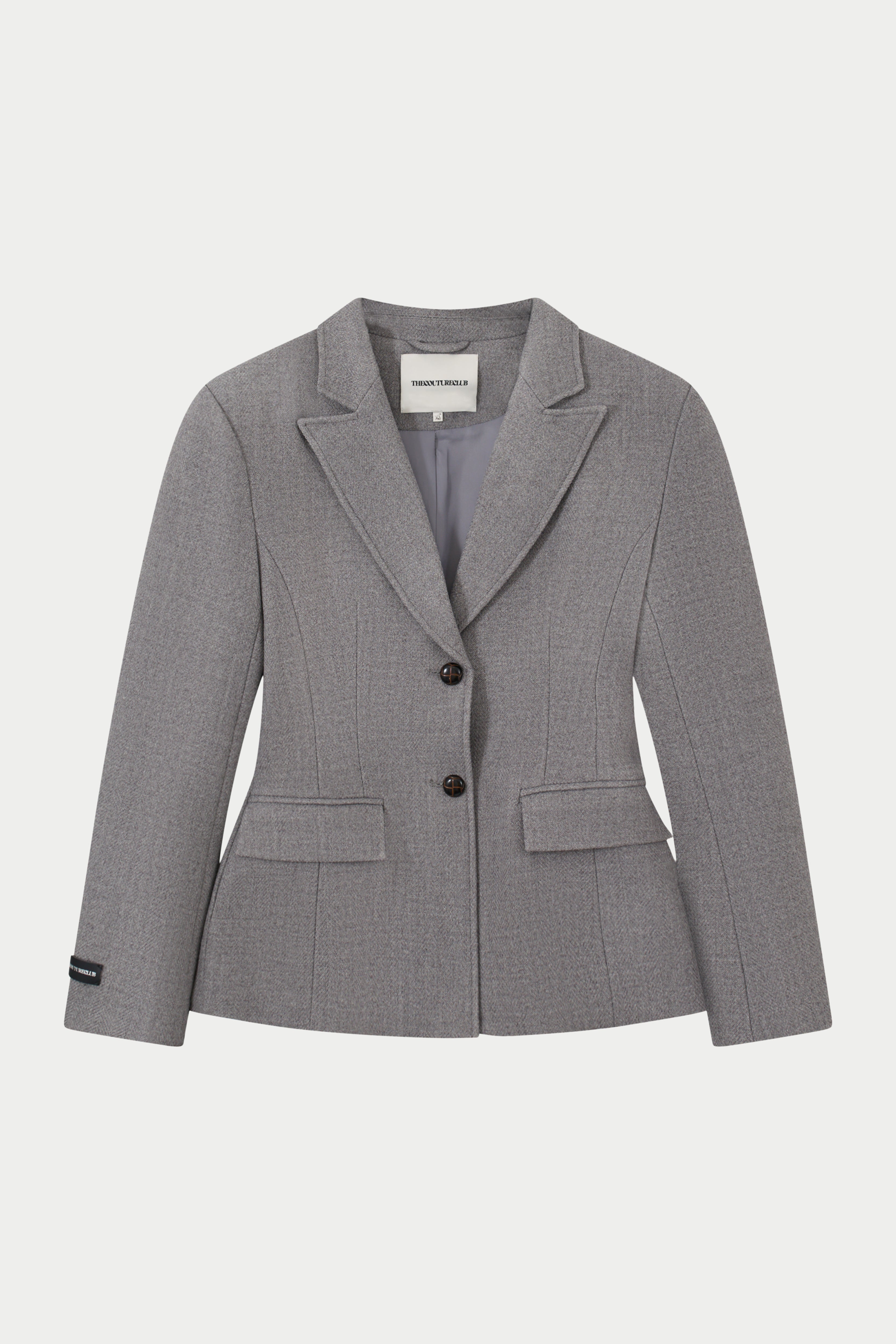 HERRINGBONE CINCHED WAIST TAILORED BLAZER - GREY
