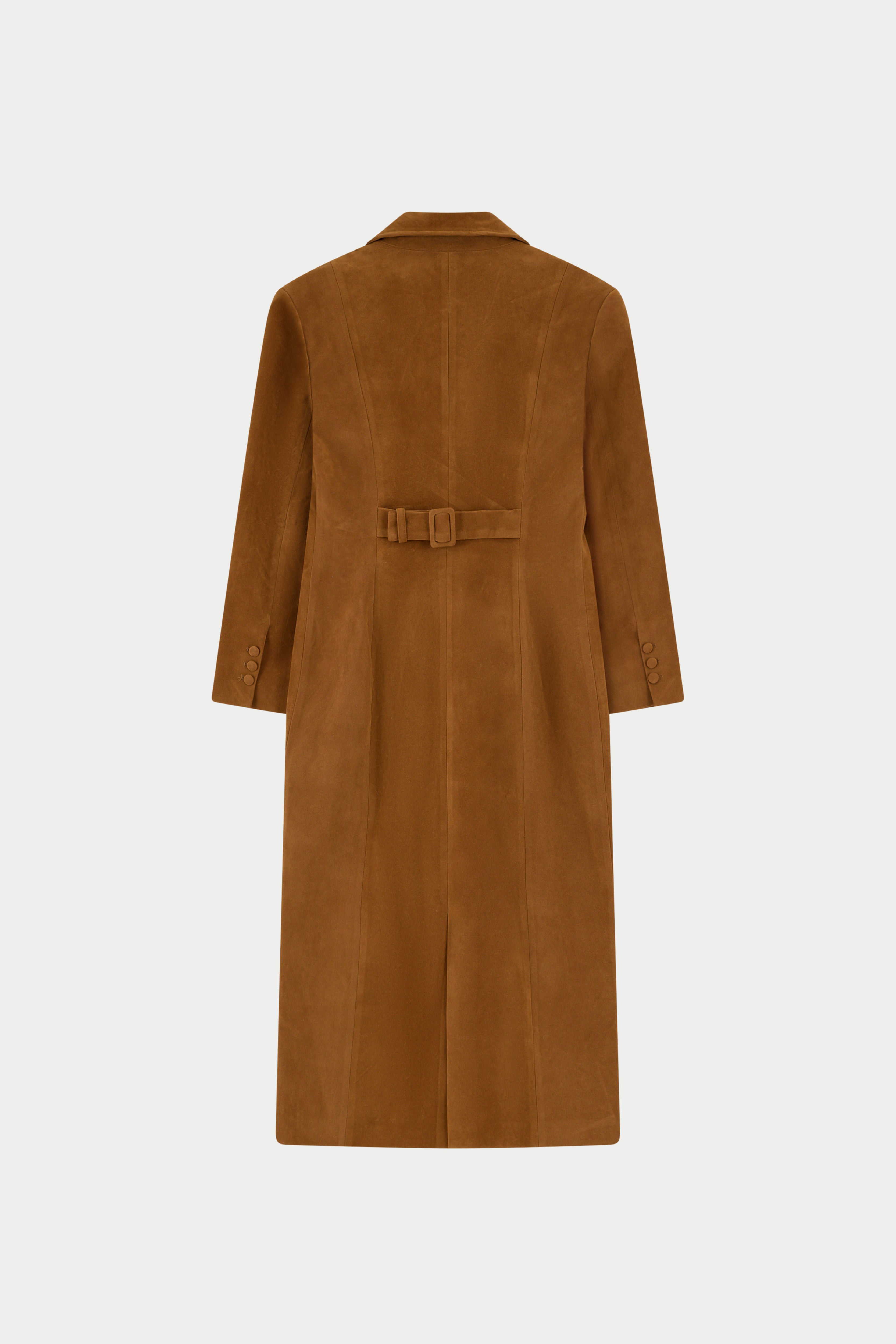 FAUX SUEDE CINCHED WAIST TAILORED COAT - BROWN