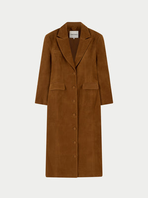 FAUX SUEDE CINCHED WAIST TAILORED COAT - BROWN