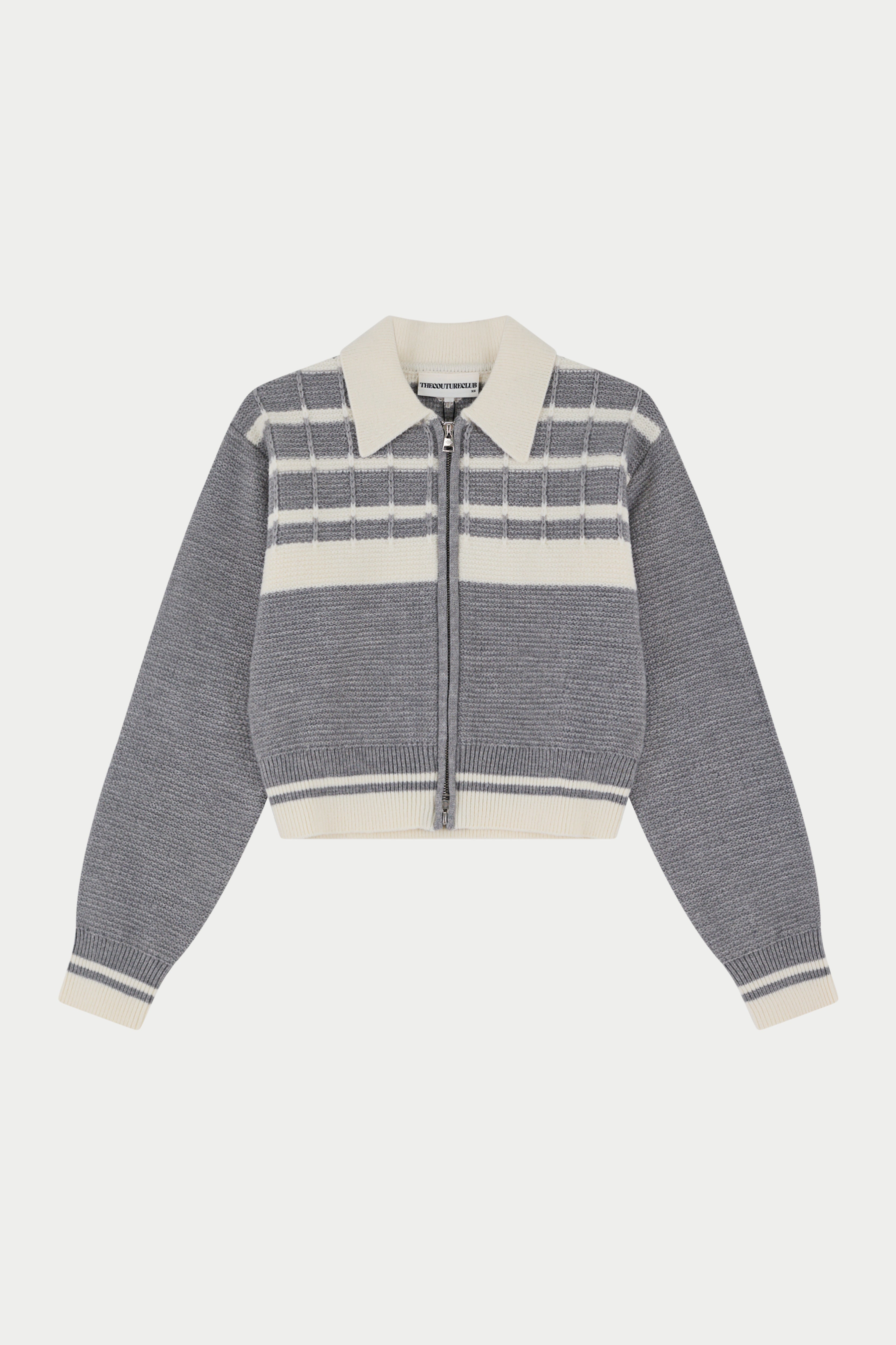 CONTRAST STRIPE KNITTED ZIP THROUGH - GREY