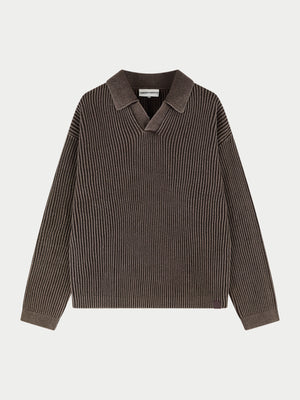 HEAVY WASHED RIB KNIT POLO - BROWN
