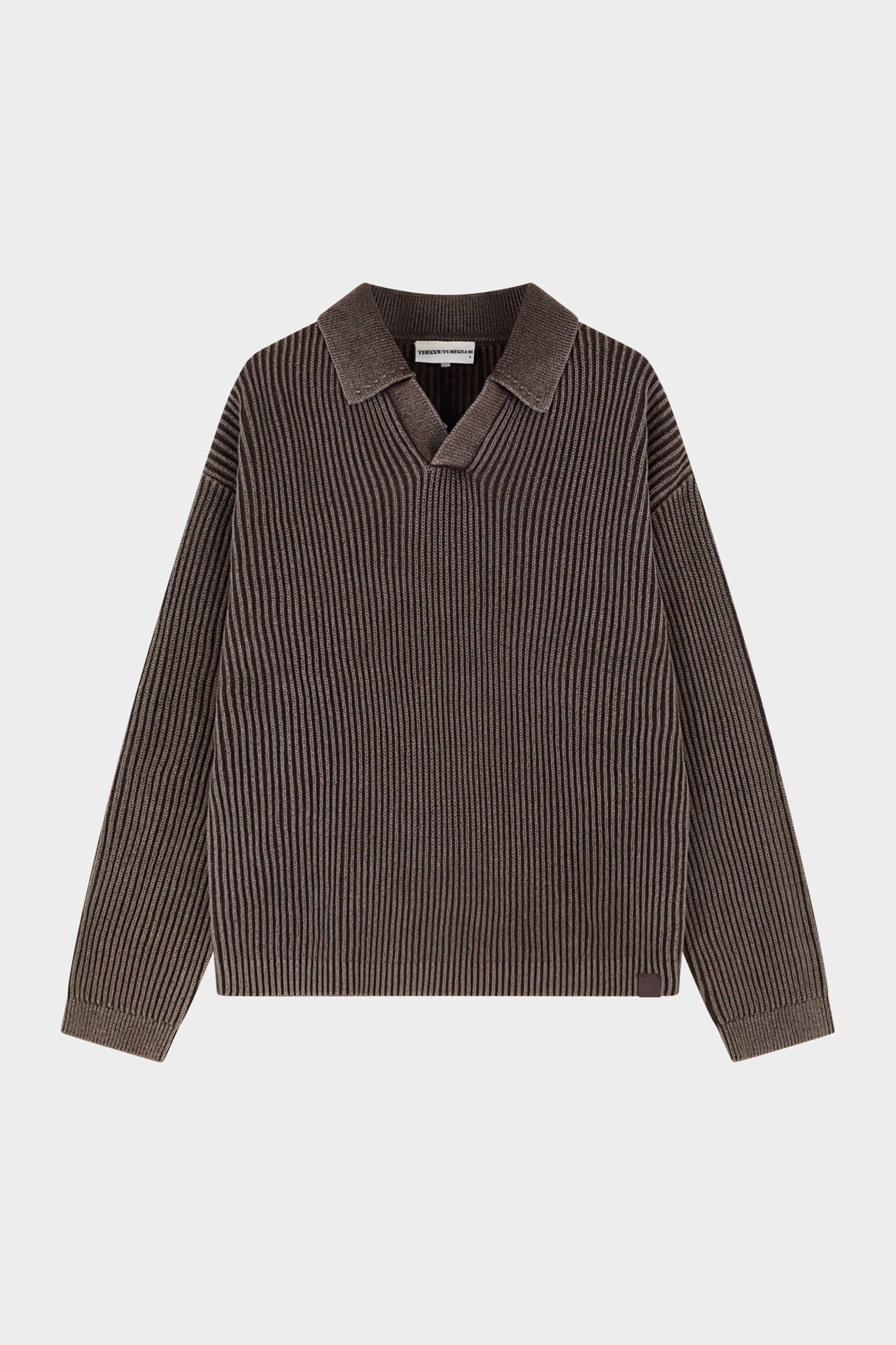 HEAVY WASHED RIB KNIT POLO - BROWN