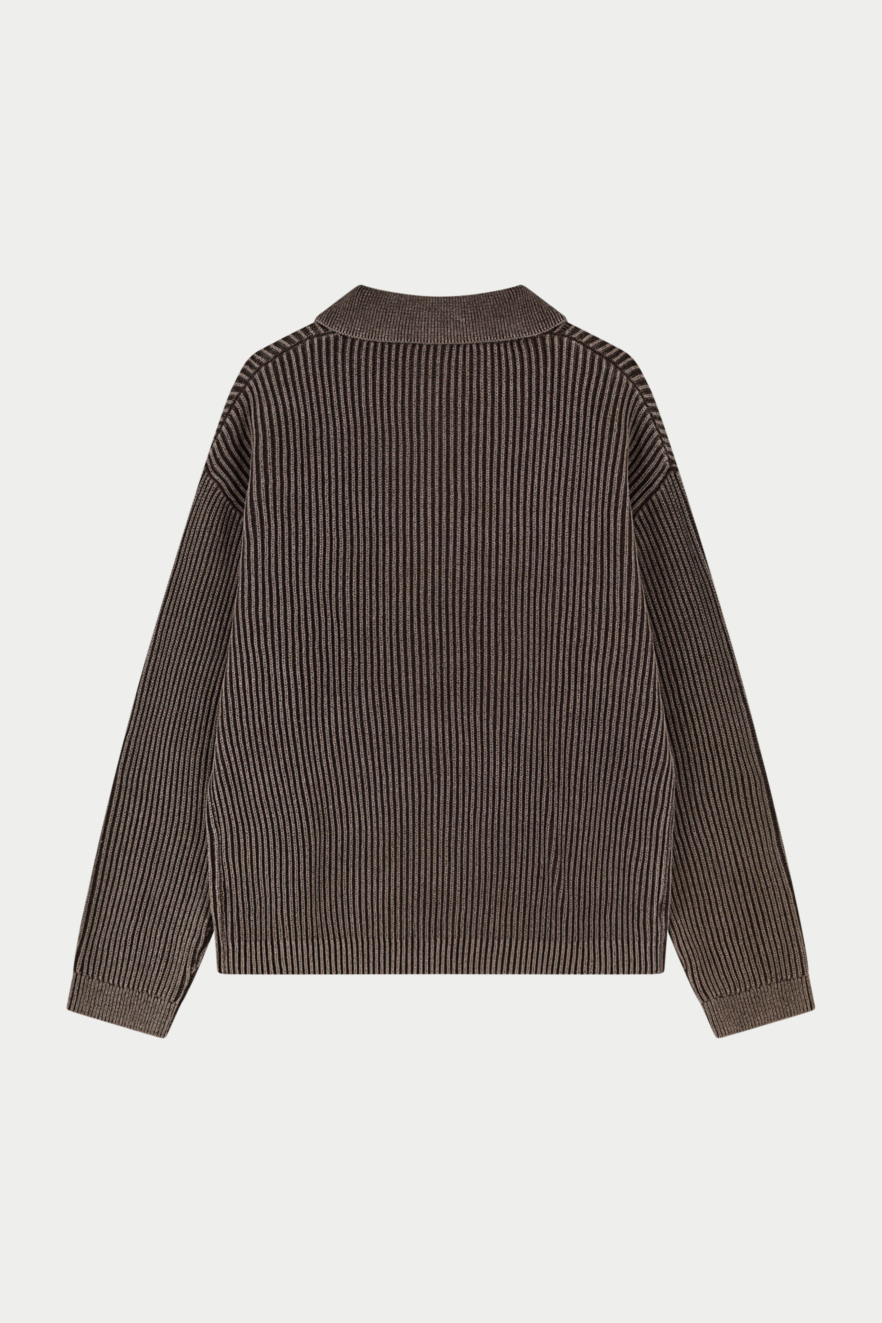 HEAVY WASHED RIB KNIT POLO - BROWN