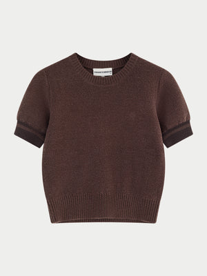 CONTRAST STRIPE SHORT SLEEVE KNIT TEE - CHOCOLATE