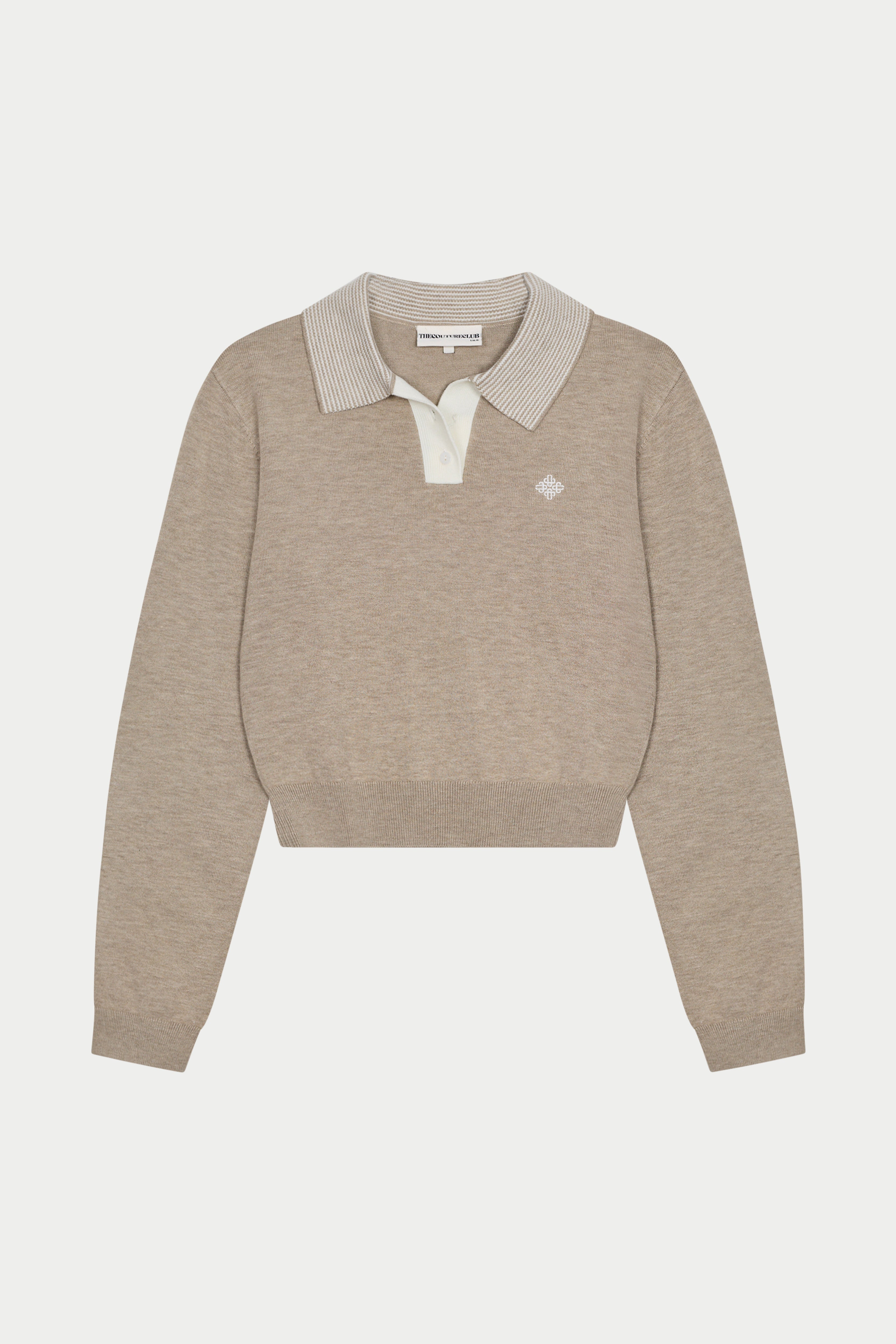 LONG SLEEVE KNITTED COLLAR POLO TOP - BEIGE