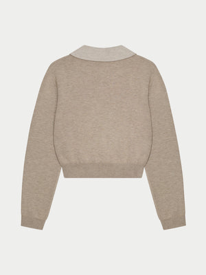LONG SLEEVE KNITTED COLLAR POLO TOP - BEIGE