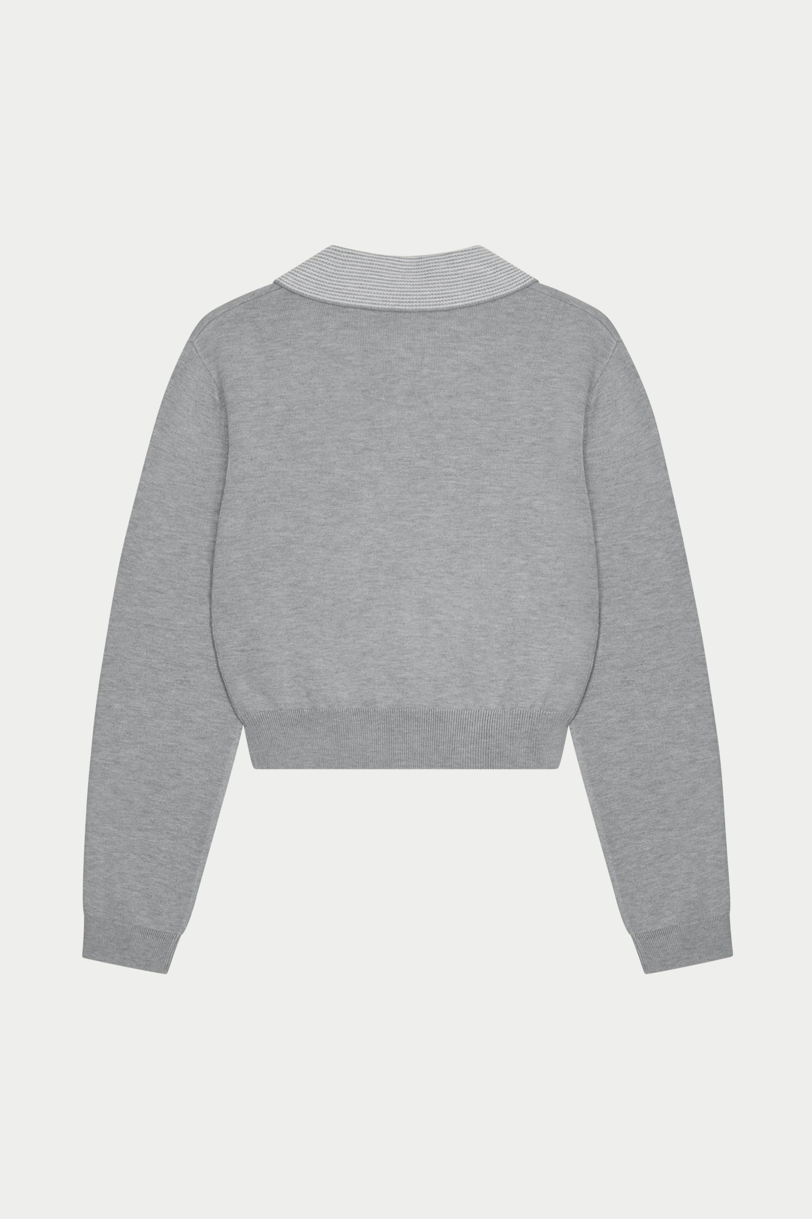 Grey long sleeved polo top with collar on a white background
