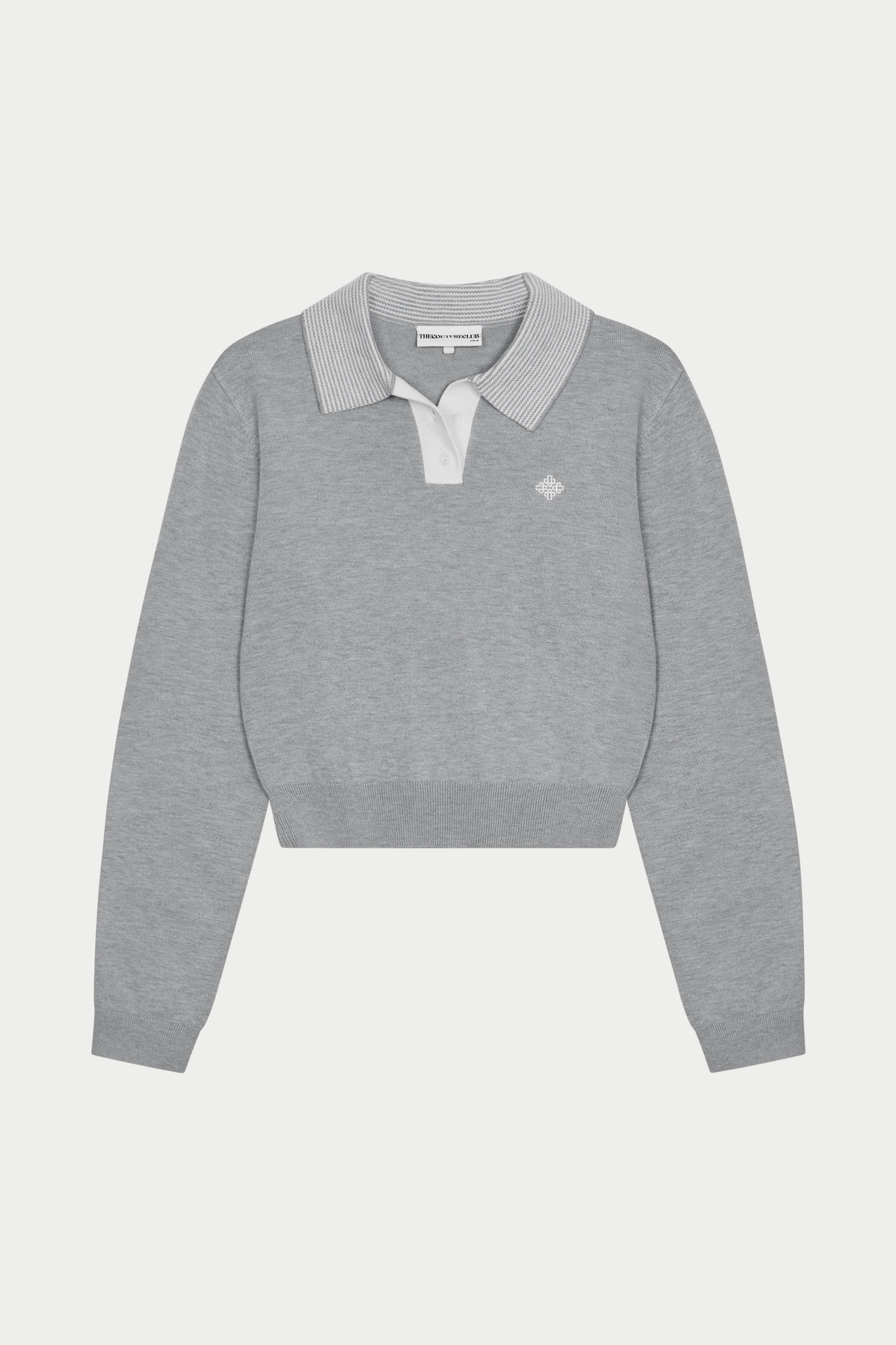 Grey long sleeved polo top with collar on a white background