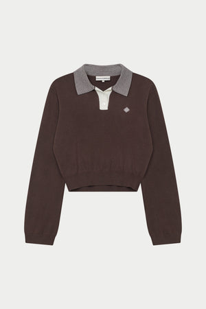 LONG SLEEVE KNITTED COLLAR POLO TOP - BROWN