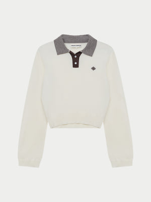 LONG SLEEVE KNITTED COLLAR POLO TOP - CREAM