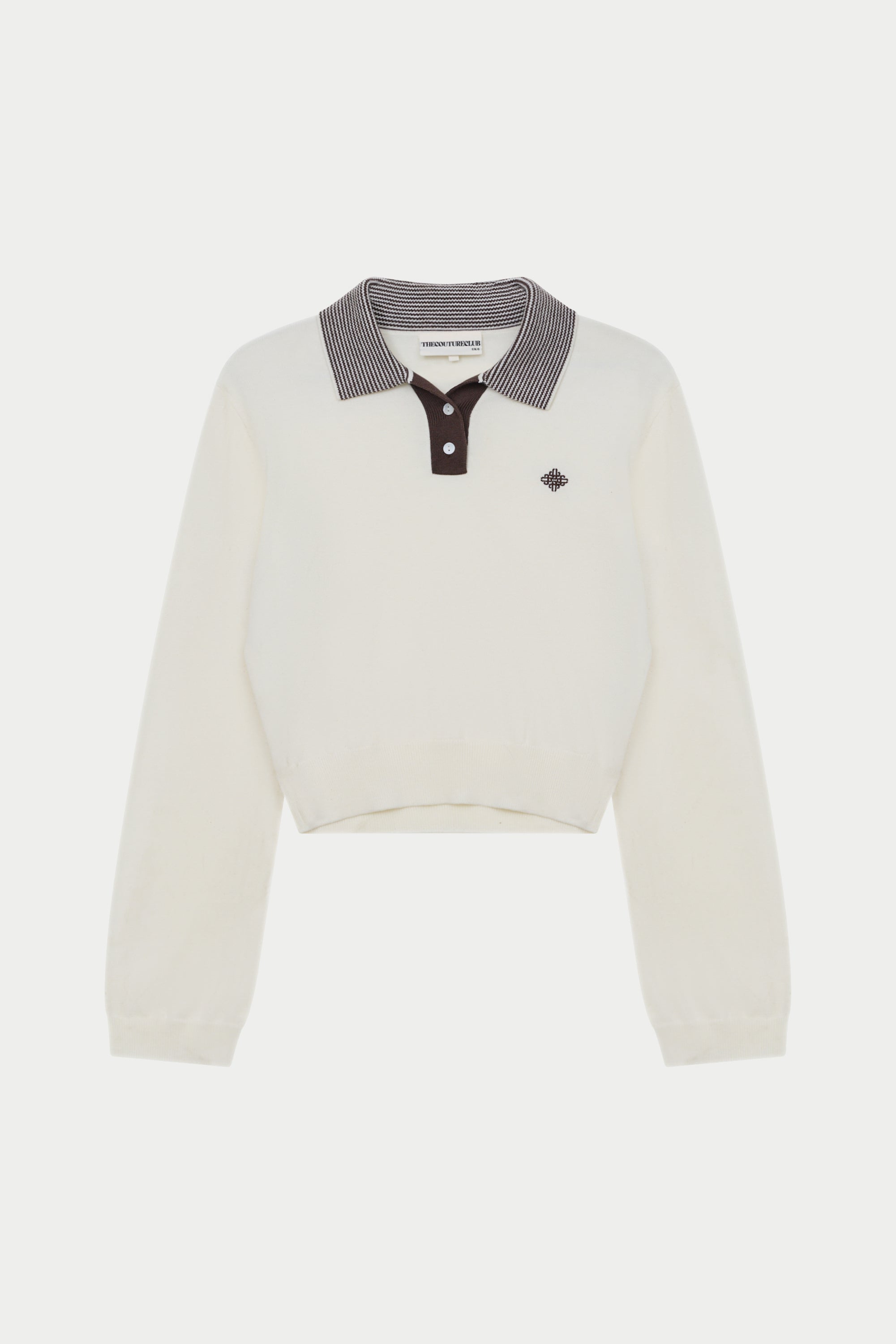 LONG SLEEVE KNITTED COLLAR POLO TOP - CREAM