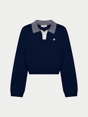LONG SLEEVE KNITTED COLLAR POLO TOP - NAVY