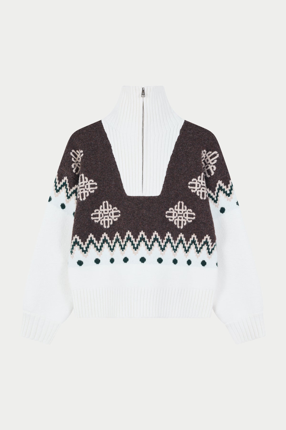 FAIR ISLE FUNNEL NECK QUARTER ZIP - BEIGE