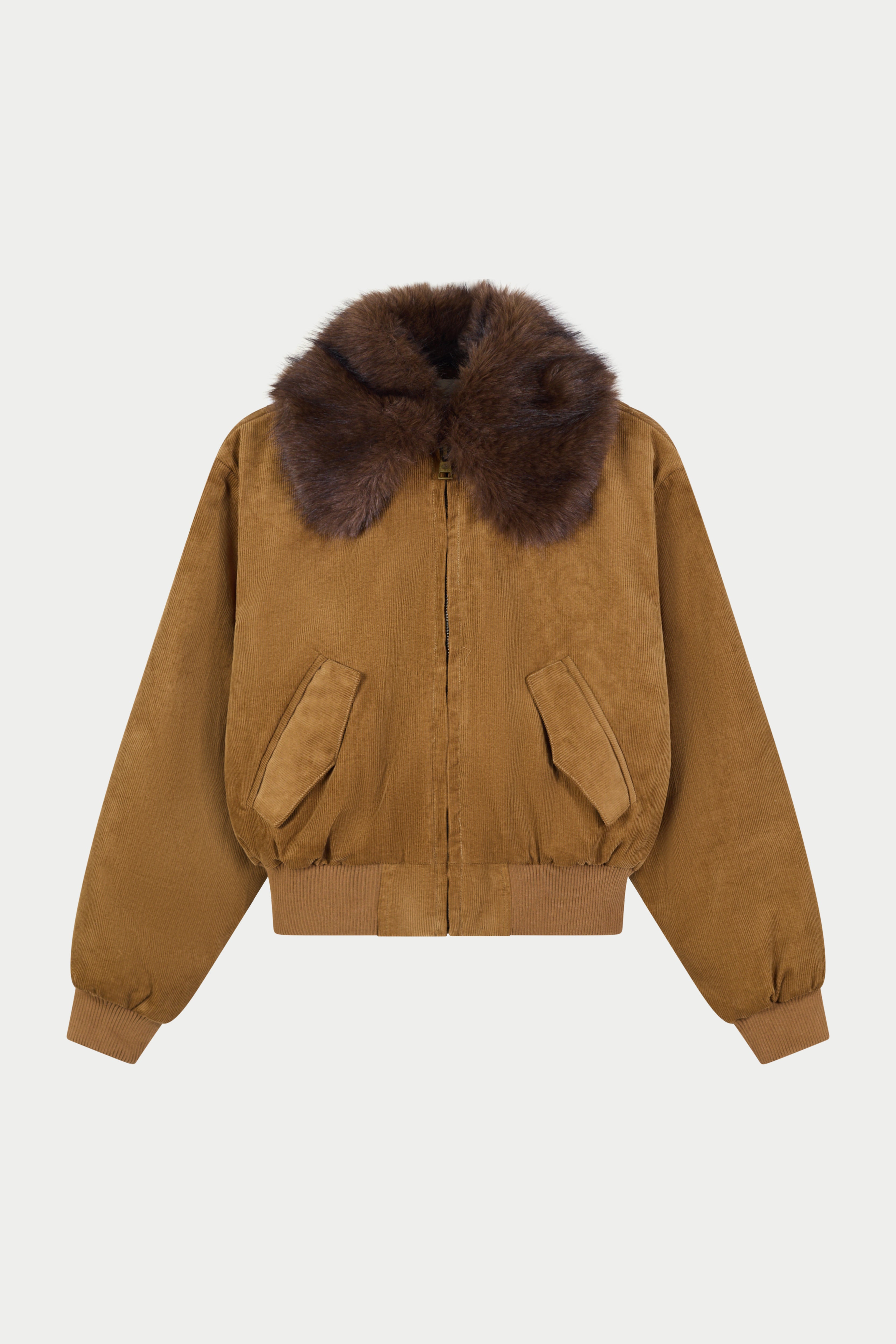 CORD FAUX FUR COLLAR BOMBER JACKET - TAN