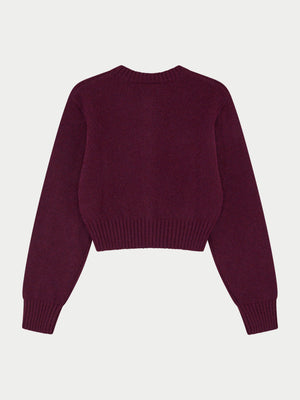EMBLEM EMBROIDERED KNIT CROP CARDIGAN - PLUM