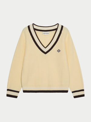 KNIT CONTRAST STRIPE V NECK CRICKET JUMPER - BUTTERMILK
