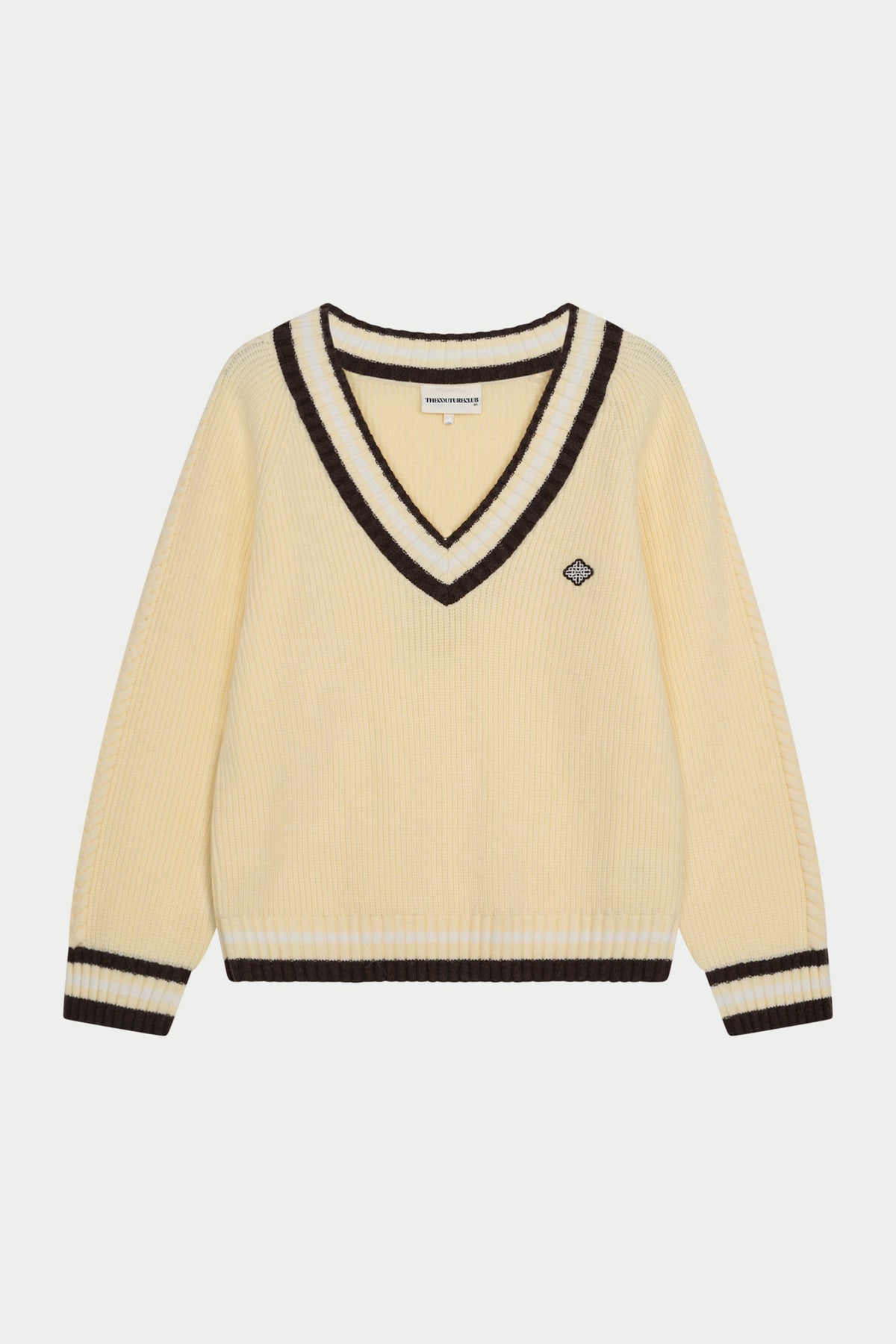 KNIT CONTRAST STRIPE V NECK CRICKET JUMPER - BUTTERMILK