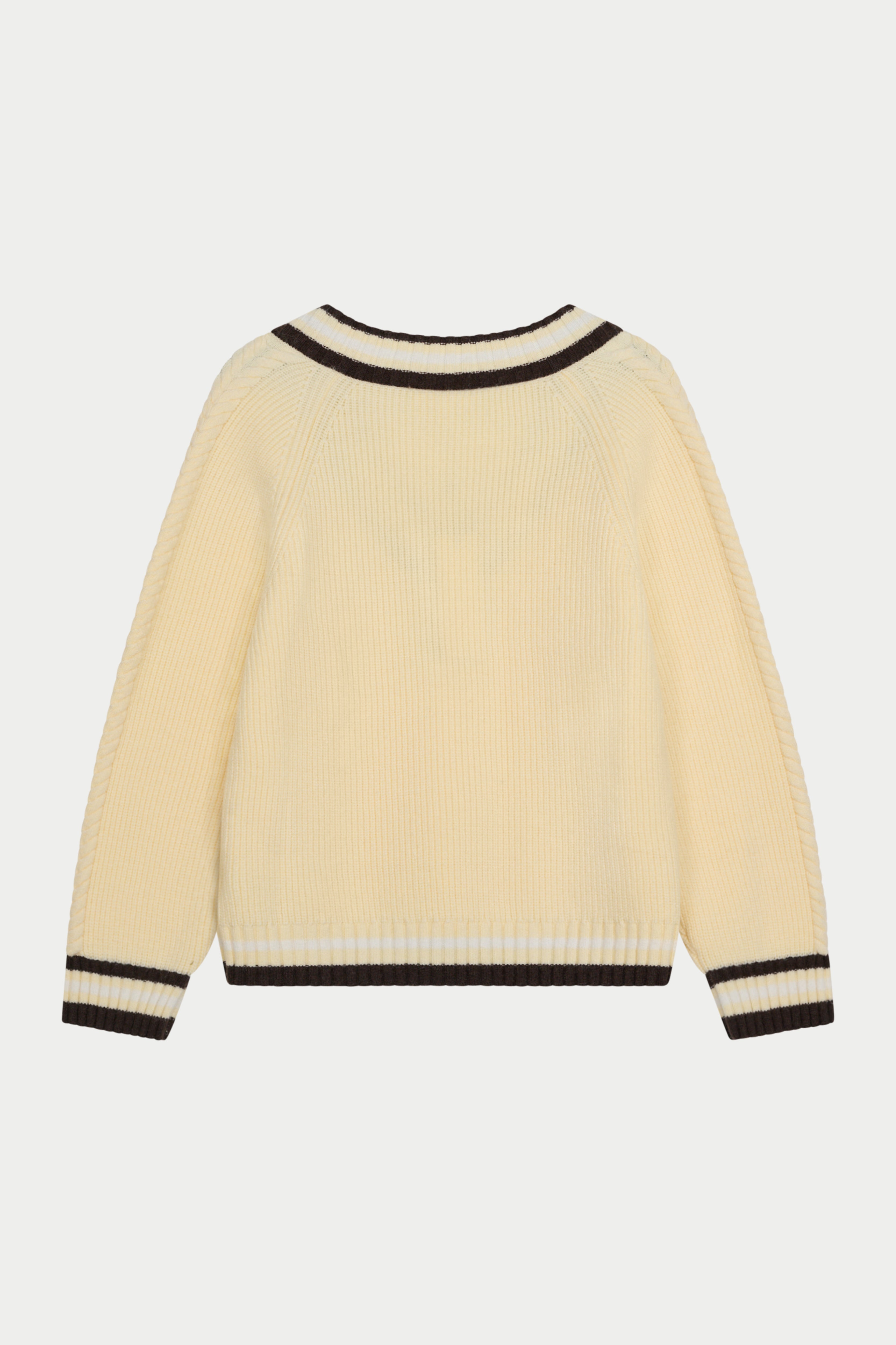 KNIT CONTRAST STRIPE V NECK CRICKET JUMPER - BUTTERMILK