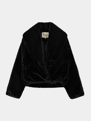 OVERSIZED COLLAR FAUX FUR PUFFER COAT - BLACK