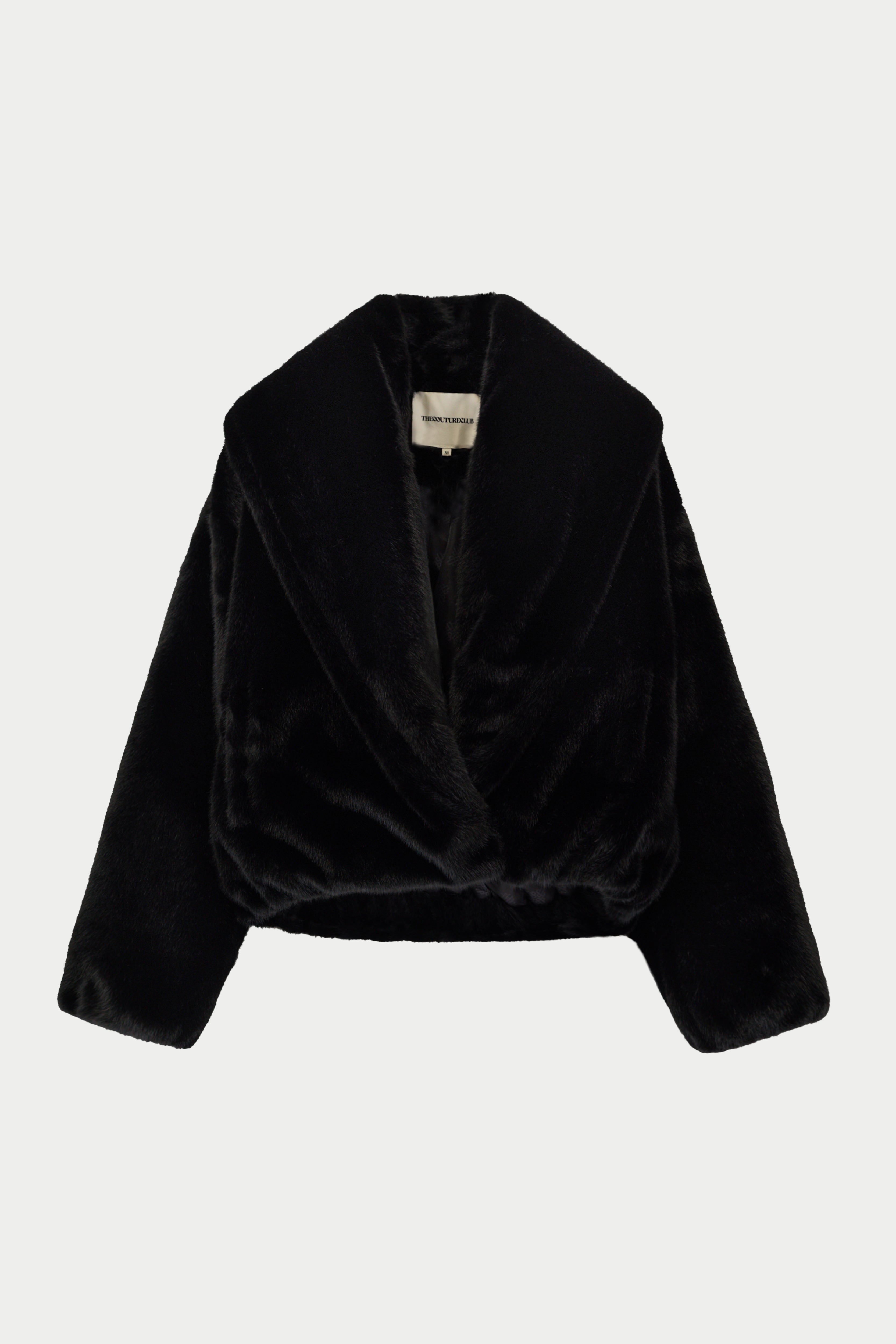 OVERSIZED COLLAR FAUX FUR PUFFER COAT - BLACK