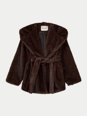 BELTED FAUX FUR HOODED COAT - CHOCOLATE