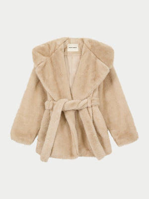 BELTED FAUX FUR HOODED COAT - BEIGE
