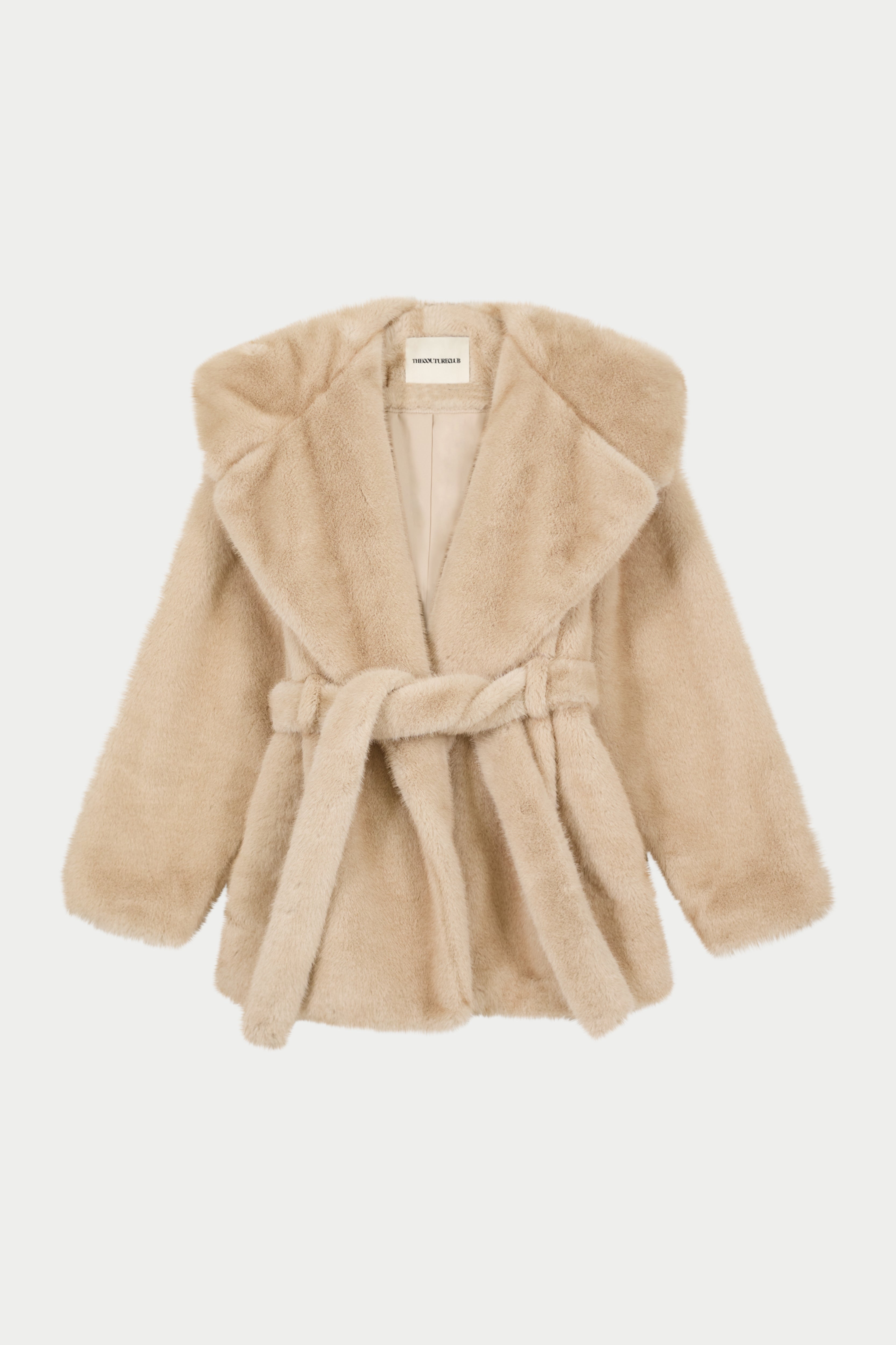 BELTED FAUX FUR HOODED COAT - BEIGE