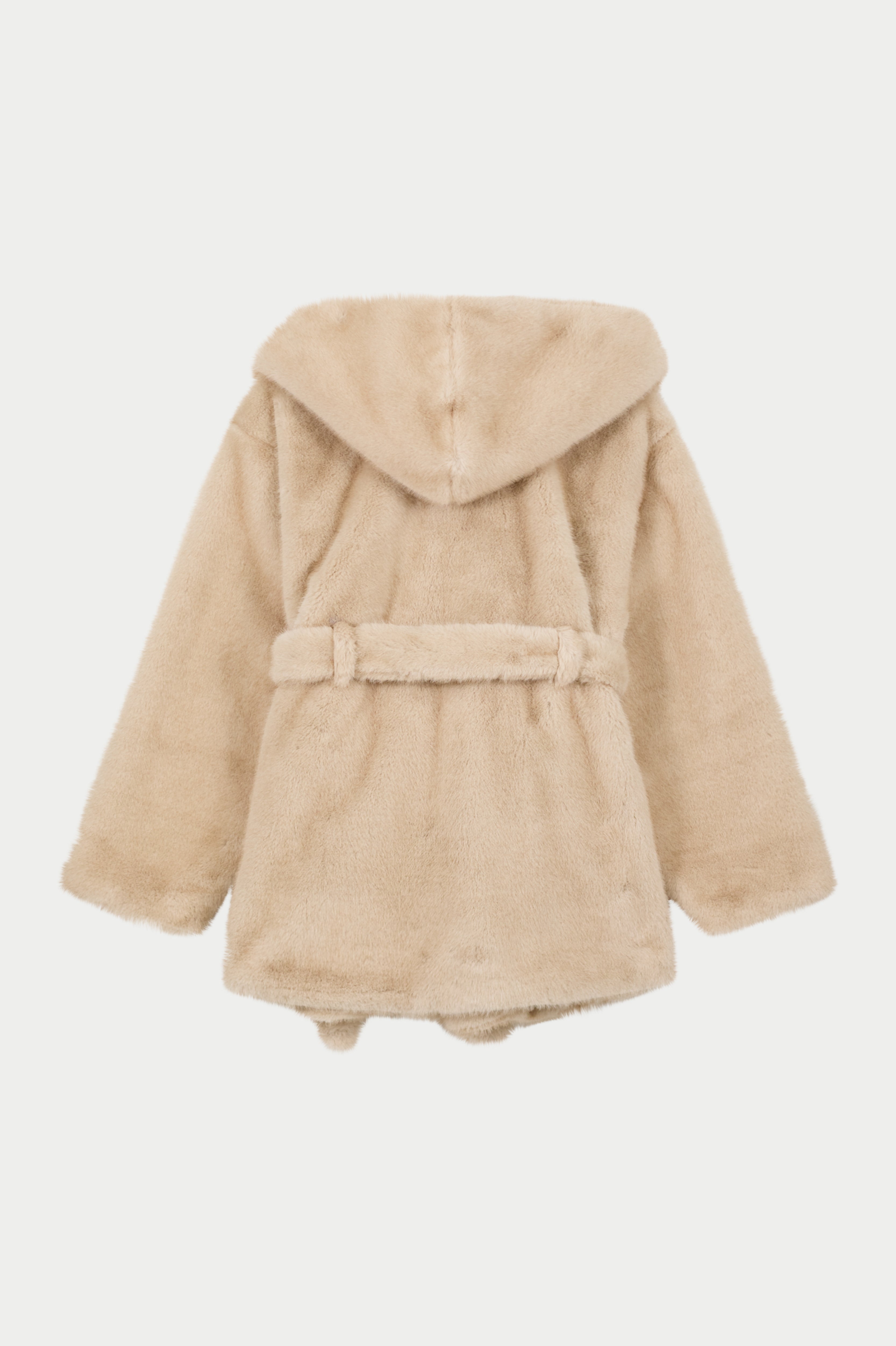 BELTED FAUX FUR HOODED COAT - BEIGE