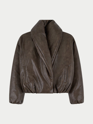 OVERSIZED COLLAR DISTRESSED FAUX LEATHER PUFFER COAT - BROWN