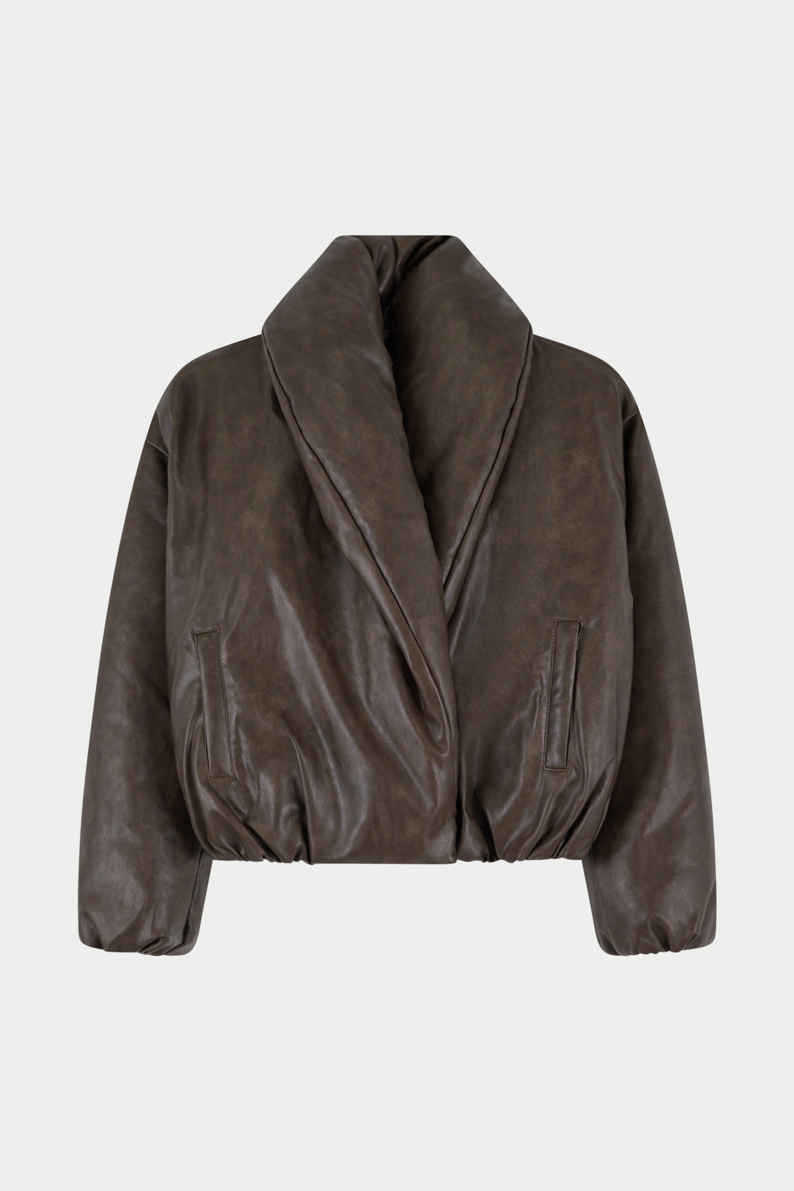 OVERSIZED COLLAR DISTRESSED FAUX LEATHER PUFFER COAT - BROWN