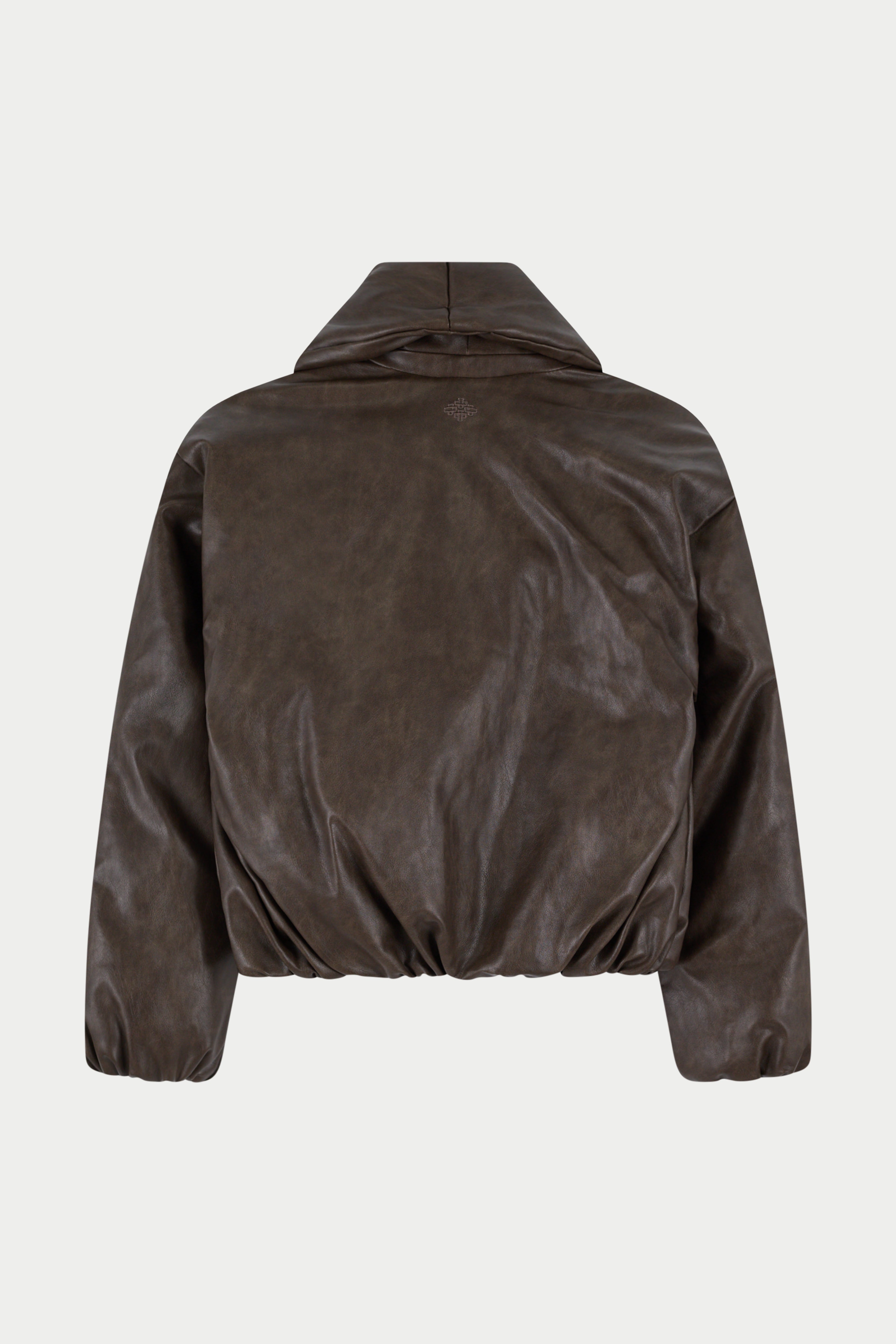 OVERSIZED COLLAR DISTRESSED FAUX LEATHER PUFFER COAT - BROWN