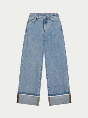 TURN UP HEM WIDE LEG JEANS - MID BLUE WASH