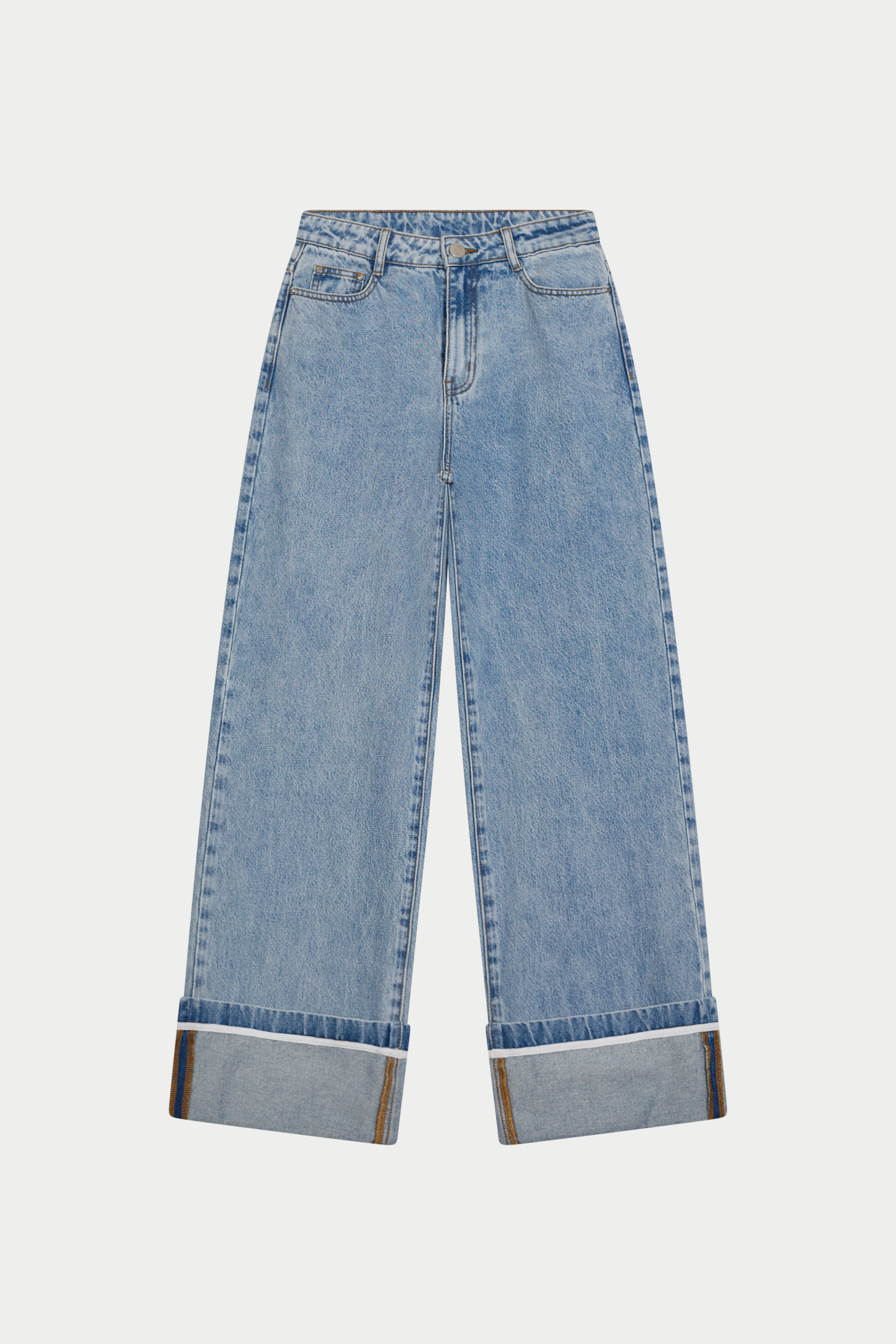 TURN UP HEM WIDE LEG JEANS - MID BLUE WASH