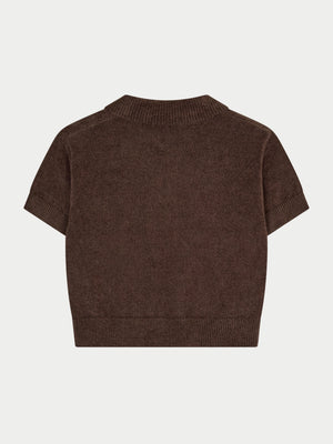 TOWELLING OPEN COLLAR T-SHIRT - CHOCOLATE