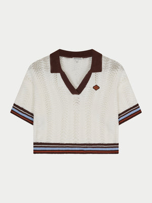 OPEN COLLAR CROCHET CROP SHIRT - CHOCOLATE