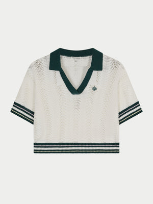 OPEN COLLAR CROCHET CROP SHIRT - FOREST GREEN