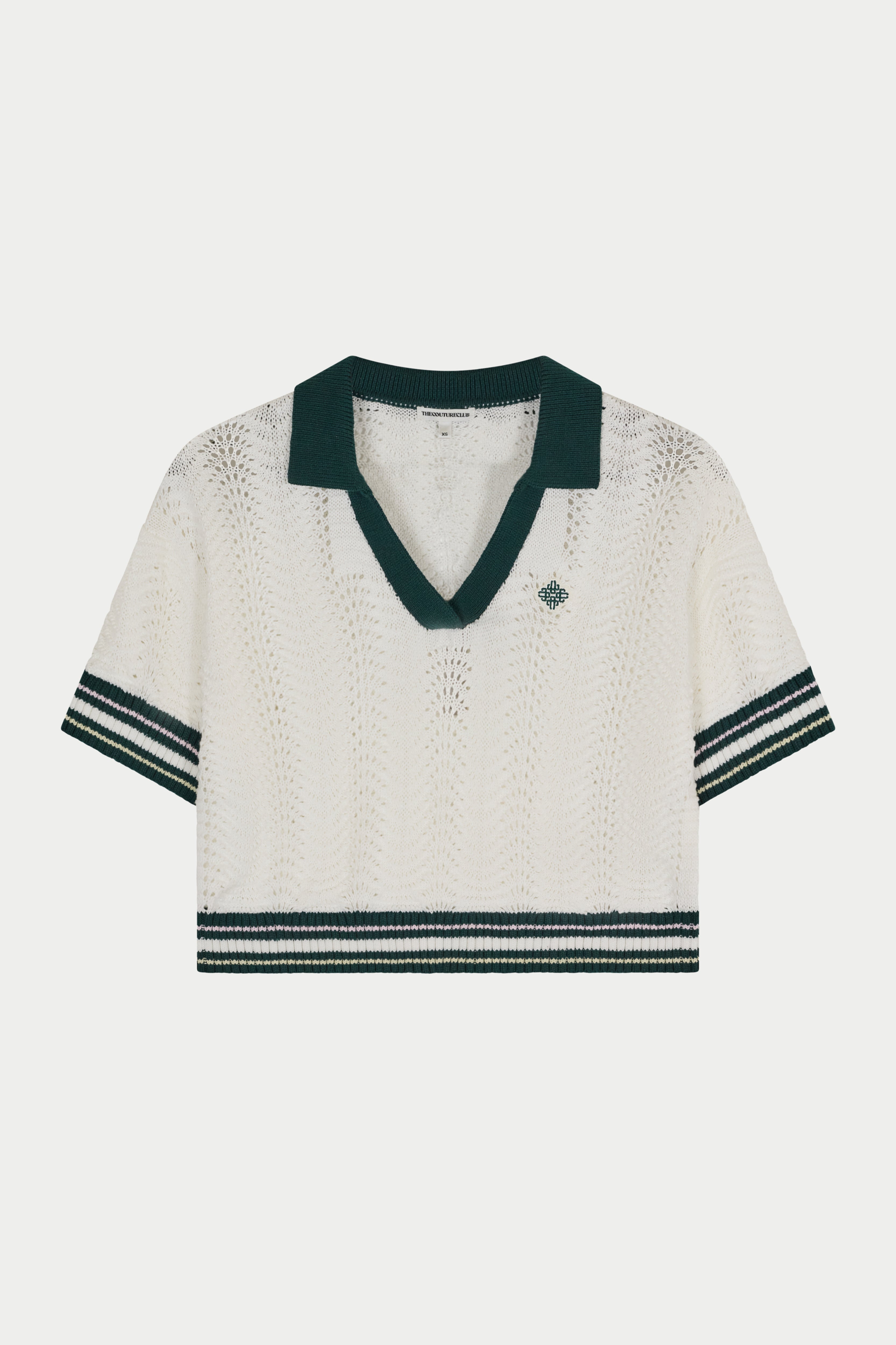 OPEN COLLAR CROCHET CROP SHIRT - FOREST GREEN