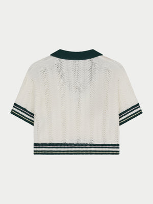 OPEN COLLAR CROCHET CROP SHIRT - FOREST GREEN